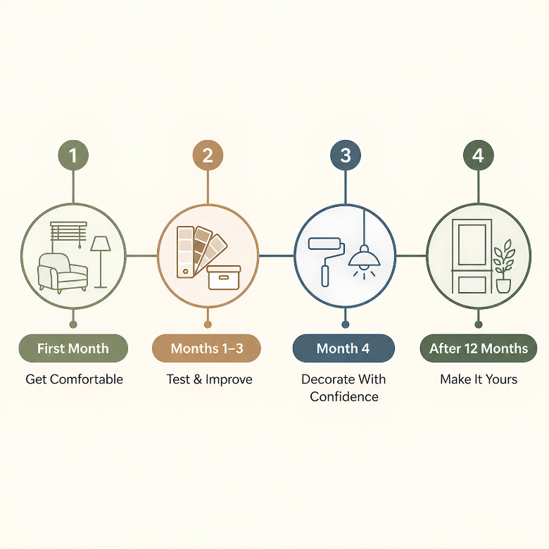 New build decorating timeline showing what to prioritise in the first month, months one to three, month four and after 12 months.