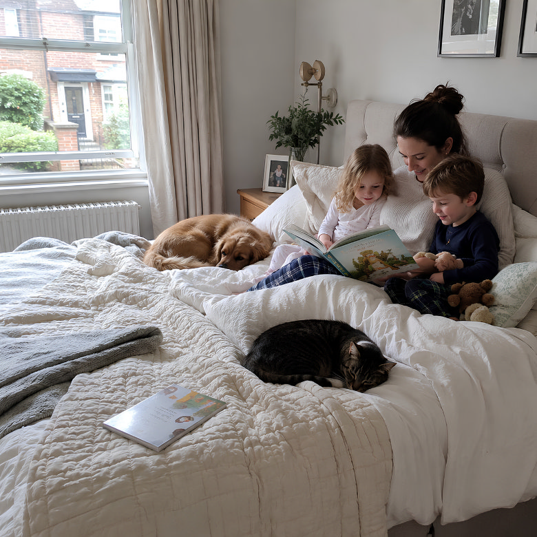 family relaxing in bed with soft layered bedding and lightweight sheets in a calm neutral bedroom with pets