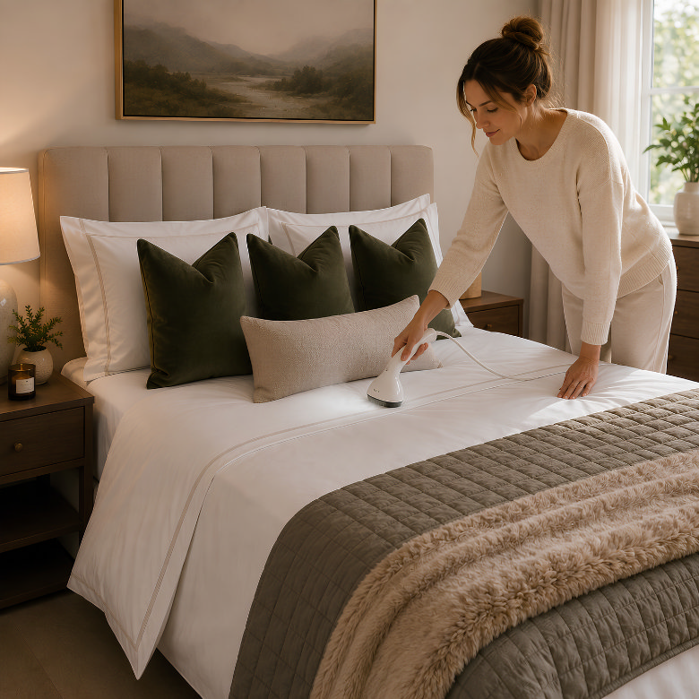 Woman steaming crisp white hotel style bedding to remove creases and maintain a smooth five-star bed finish.