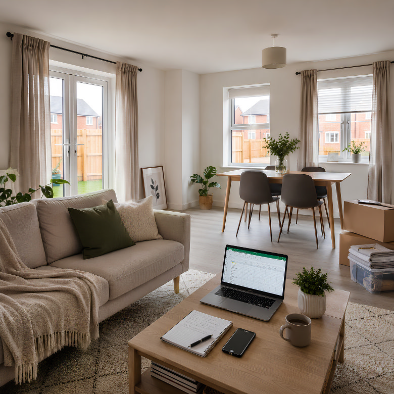 New build living room with essential furniture, curtains and blinds while the homeowner plans further decorating.