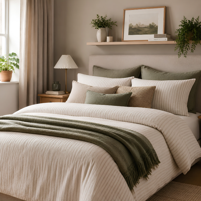 how to style a bed with layered neutral bedding striped duvet stacked pillows and green throw in a calm modern bedroom