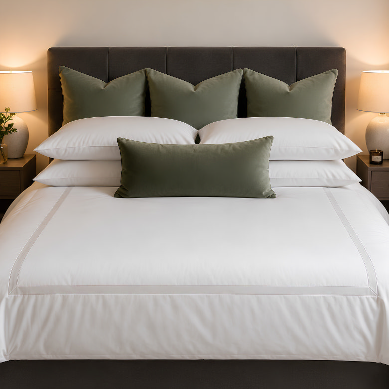 Hotel style bed with neatly stacked white sleeping pillows, three large green cushions and a long bolster cushion.