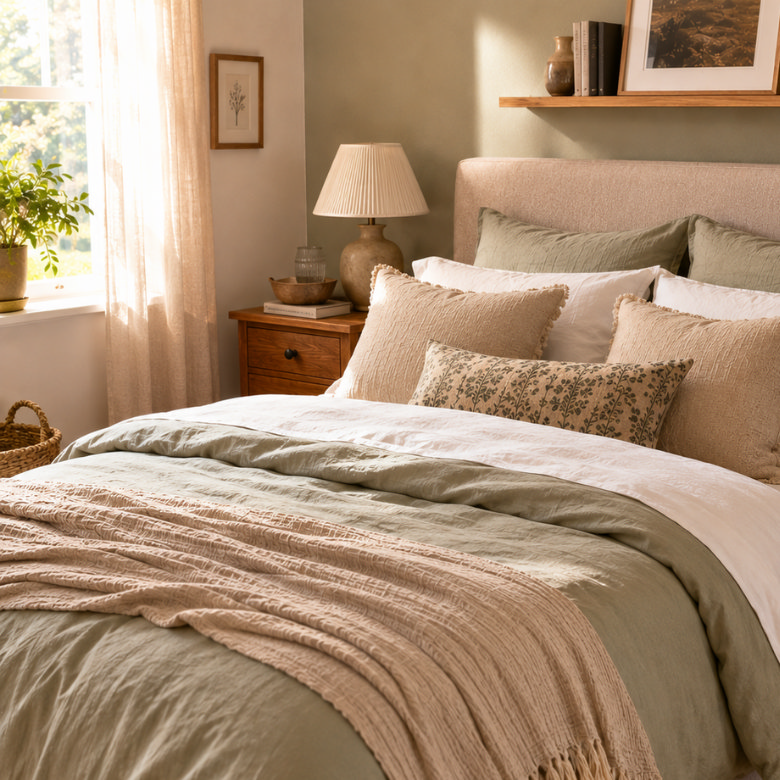 how to style a bed with layered neutral bedding soft cushions textured throw and relaxed linen duvet in a warm bedroom