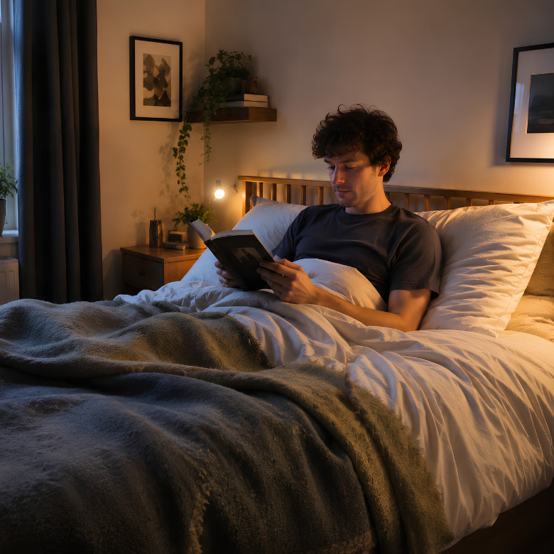 cosy bedroom with layered bedding and textured throw styled for comfort with person reading in bed at night