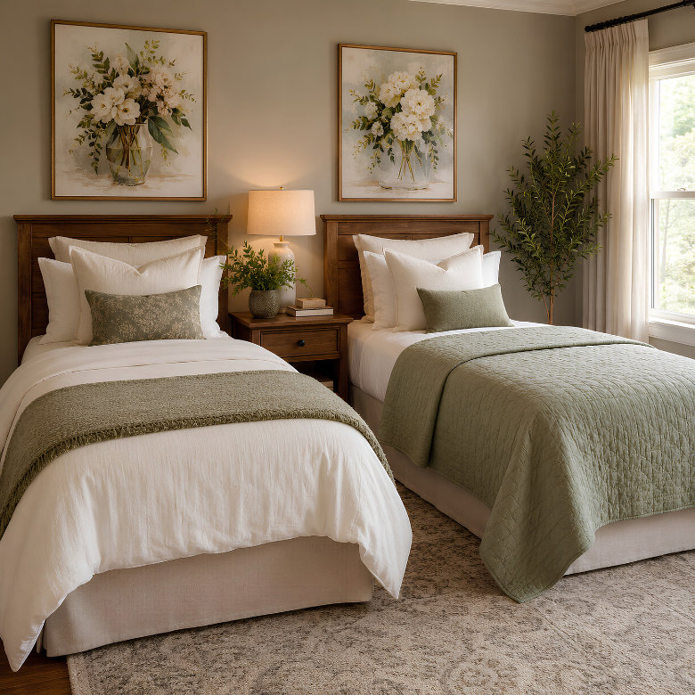 twin bed styling with coordinated neutral bedding layered pillows and matching green throws in a calm bedroom