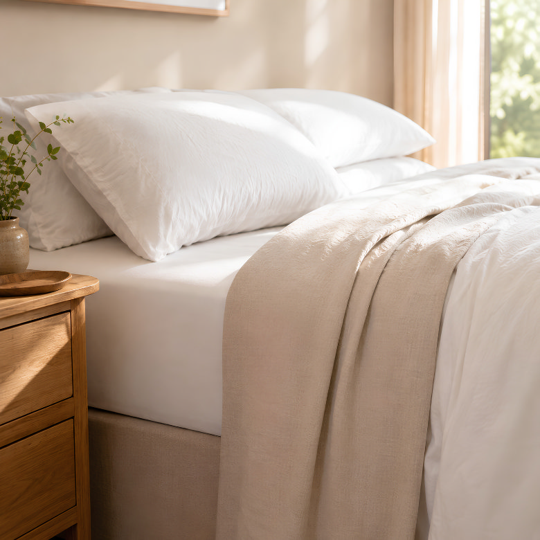 white fitted sheet and pillows neatly styled with soft neutral throw showing clean bed styling foundation