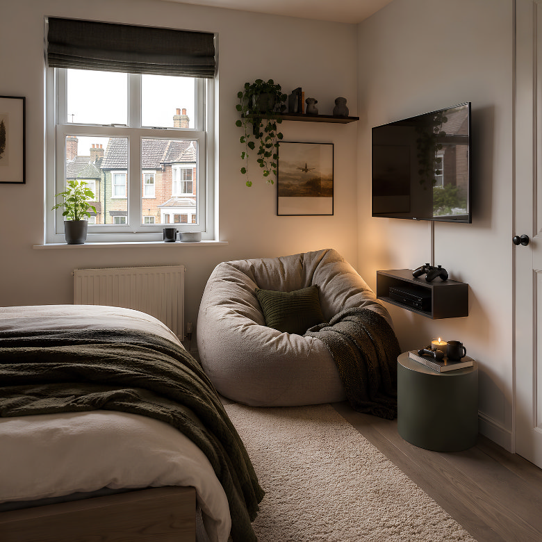 Compact bean bag chair creating a cosy gaming and reading corner in a small bedroom.