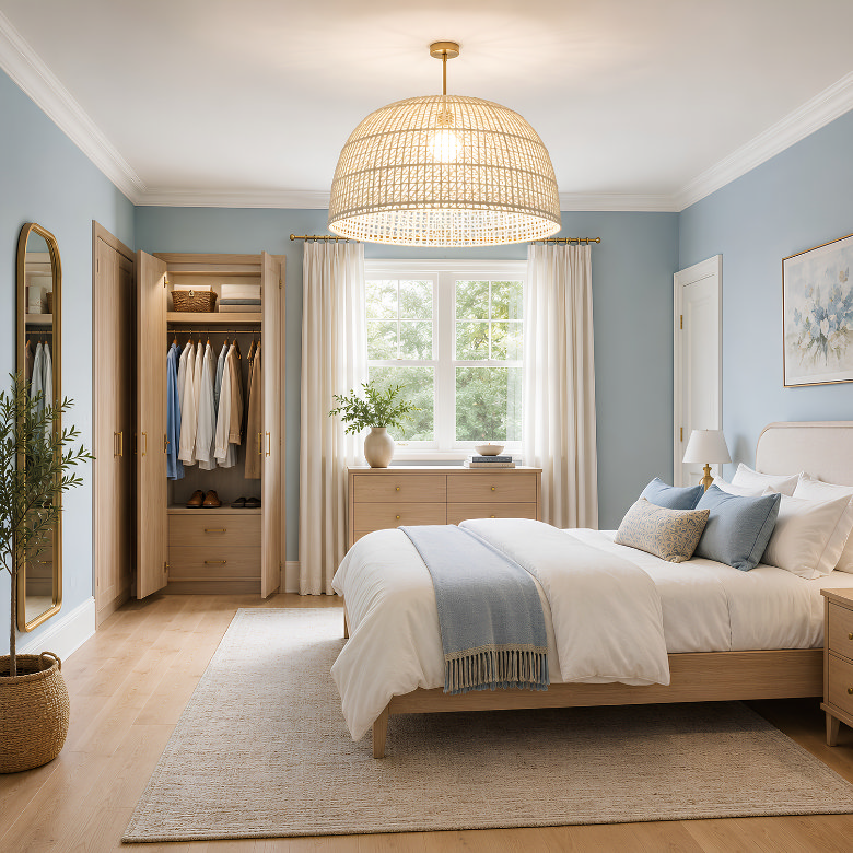 Blue bedroom with a large woven ceiling light illuminating the bed and open wardrobe