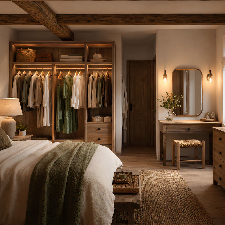 Bedroom with illuminated wardrobe storage and wall lights beside a dressing table mirror for focused task lighting