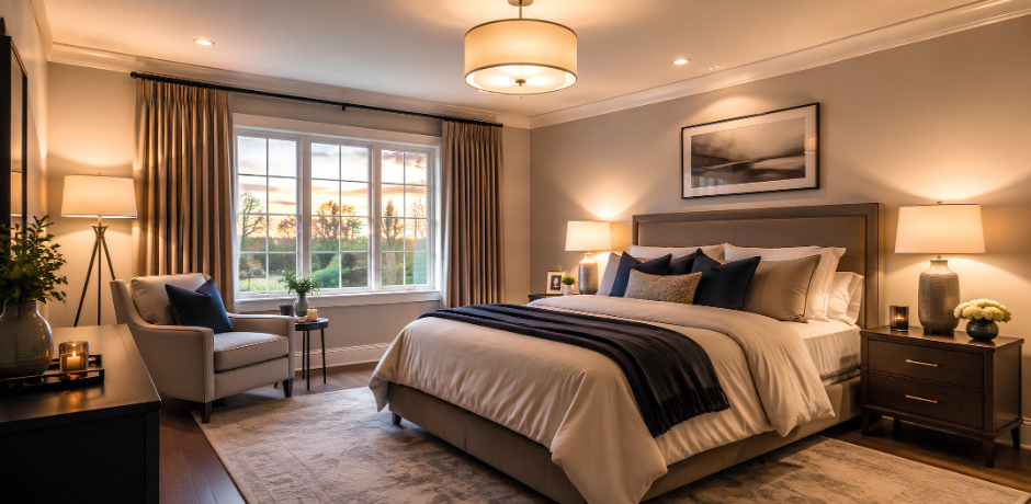 Bedroom with layered lighting from a ceiling light, bedside lamps and floor lamp creating a warm, relaxing glow