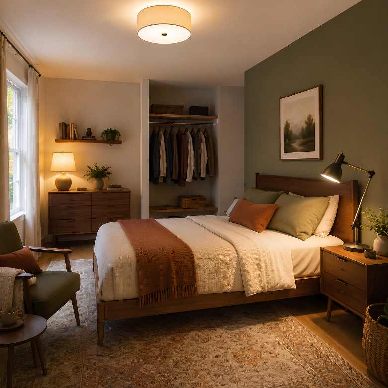 Bedroom with a ceiling light, bedside reading lamp and table lamp providing layered lighting for different activities