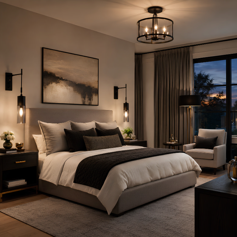 Bedroom with coordinated black ceiling, wall and floor lights creating a cohesive modern lighting scheme without matching exactly