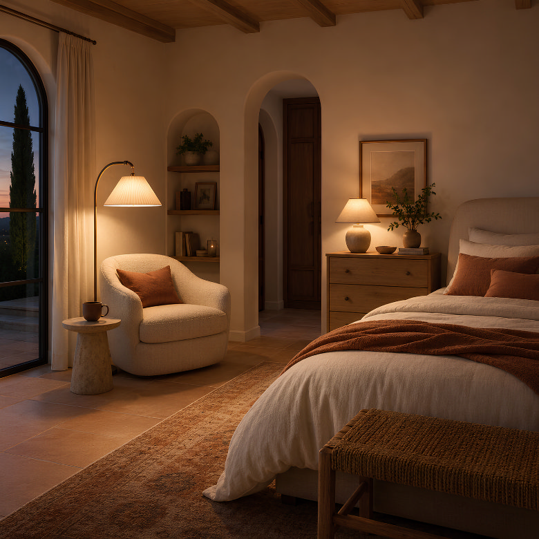 Bedroom reading corner with a floor lamp beside an armchair and a table lamp adding warm accent lighting to a dark corner