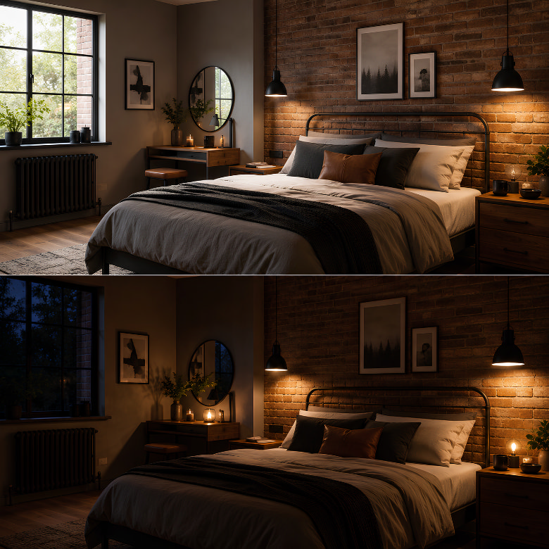 Bedroom shown with brighter daytime lighting and a softer evening glow to demonstrate dimmable lighting for different routines