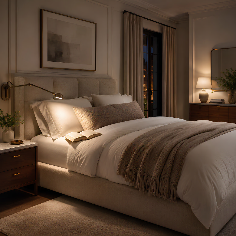 Bedroom reading light directed onto an open book, with a softer table lamp providing warm ambient light in the background