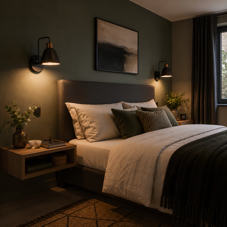 Bedroom with wall-mounted bedside lights providing warm reading light while keeping both bedside tables clear