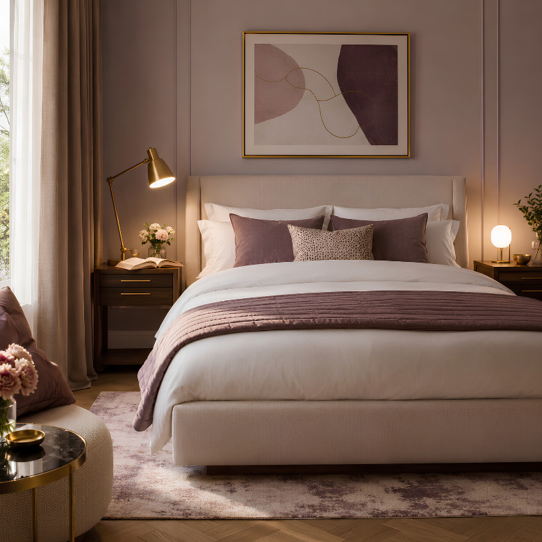 Bedroom with separate bedside lamps providing focused reading light on one side and a soft glow on the other