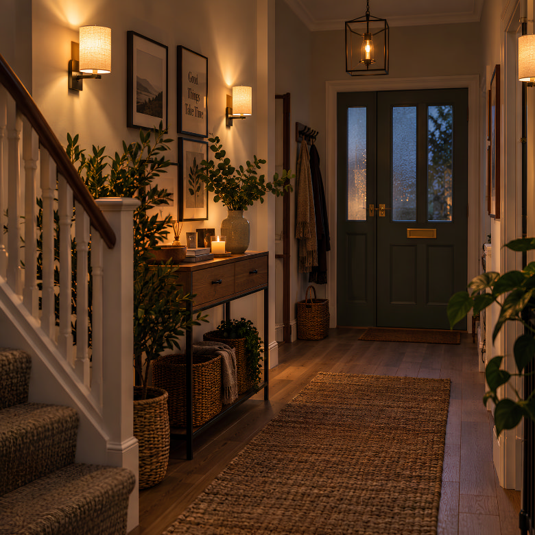 Warm wall lights and a pendant light create cosy layered lighting in a hallway for darker autumn and winter evenings