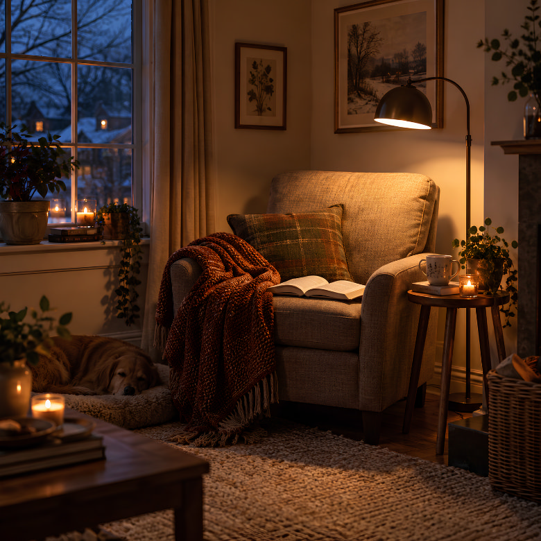 Cosy reading corner with a warm floor lamp positioned over an armchair to provide focused lighting for reading