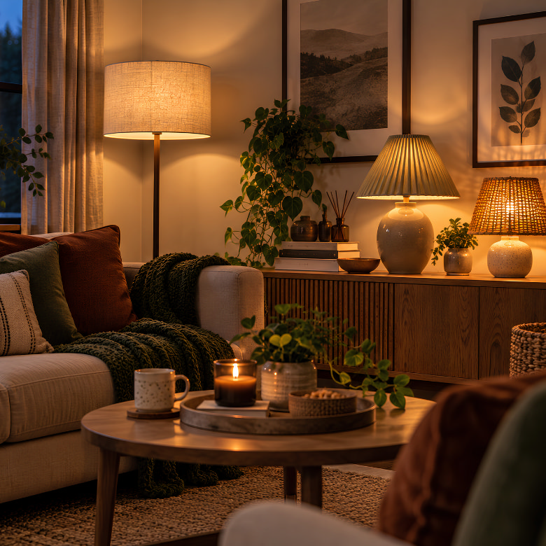 Cosy living room lighting with warm floor and table lamps using different lampshades to create soft pools of light