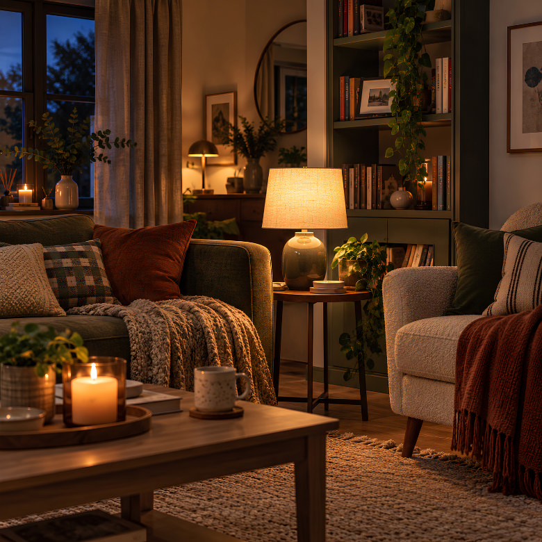 Warm table lamp beside an armchair creating a cosy reading corner with soft ambient lighting in the living room