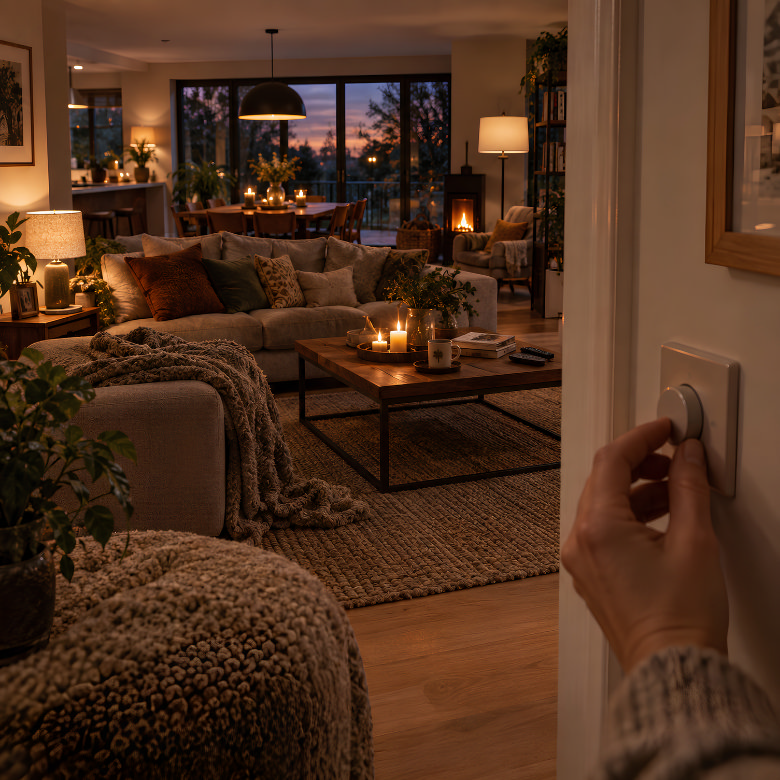 Dimmable cosy living room lighting being turned down to create a warm, relaxing glow for the evening