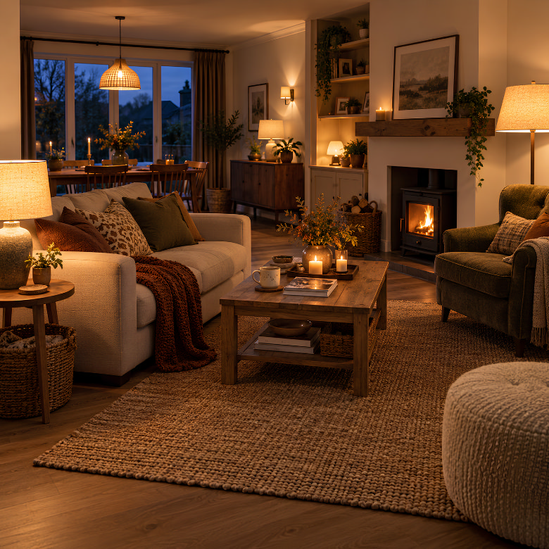 Cosy living room lighting with warm table lamps, floor lamps, wall lights and a pendant light layered throughout the space