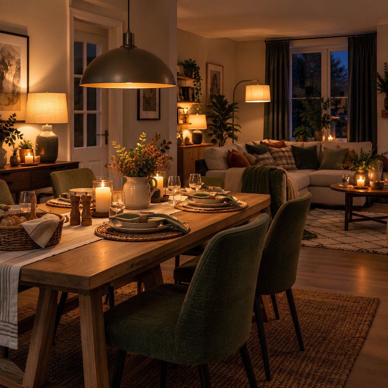 Warm pendant and table lamps create cosy layered lighting across an open-plan dining and living room in the evening
