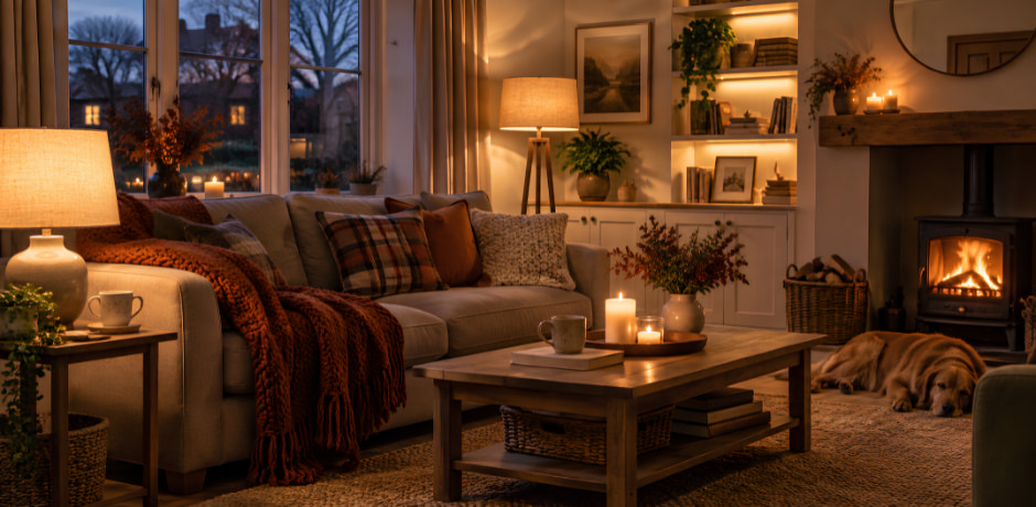 Cosy living room lighting with warm table and floor lamps, softly lit shelves and candles on an autumn evening