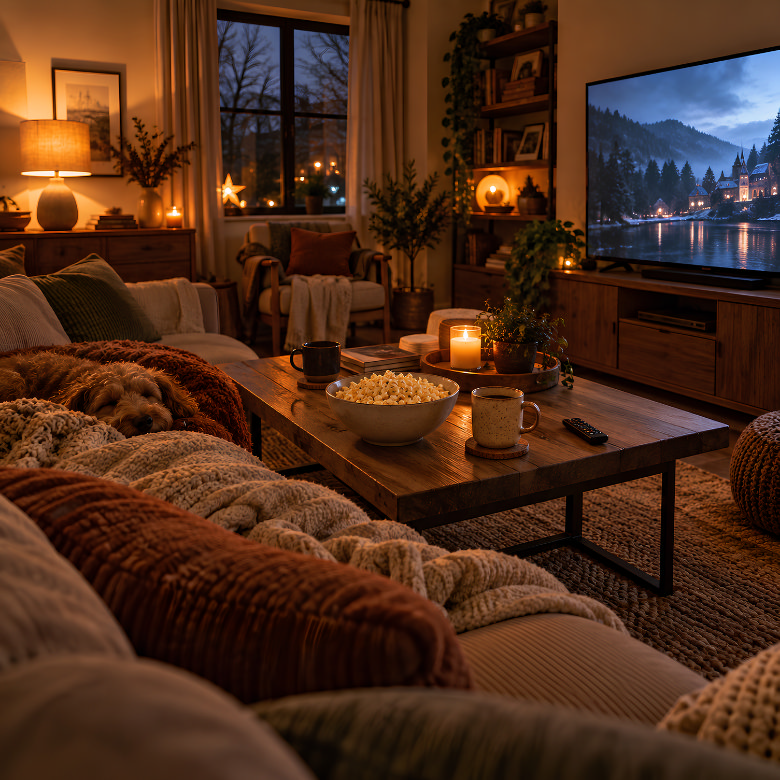 Cosy living room lighting with warm table lamps and candles creating a relaxing glow for an evening watching TV