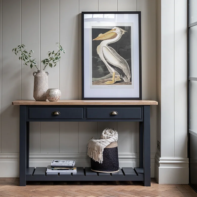 dark blue wooden console table with painting decor