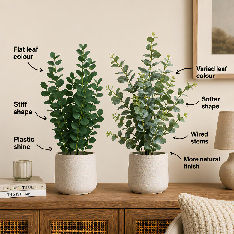 comparison of faux plants showing realistic leaf colour variation, softer shape and reduced shine in ceramic pots