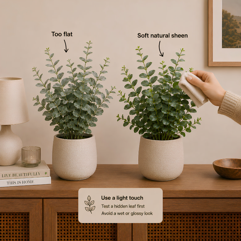 faux plant comparison showing flat matt leaves vs softly cleaned leaves with a natural, subtle sheen