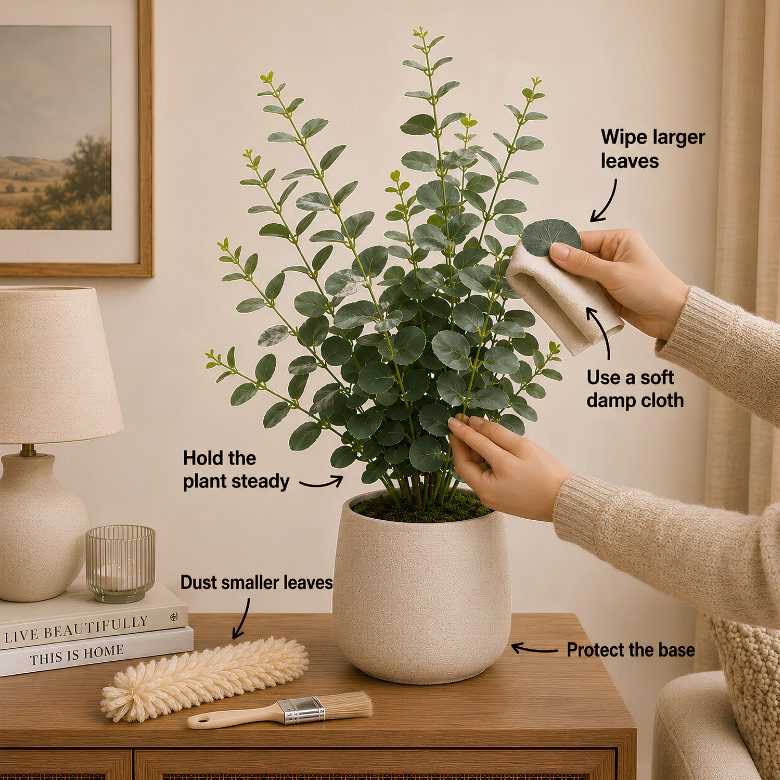 faux plant being cleaned with a damp cloth to remove dust and keep leaves looking natural and realistic