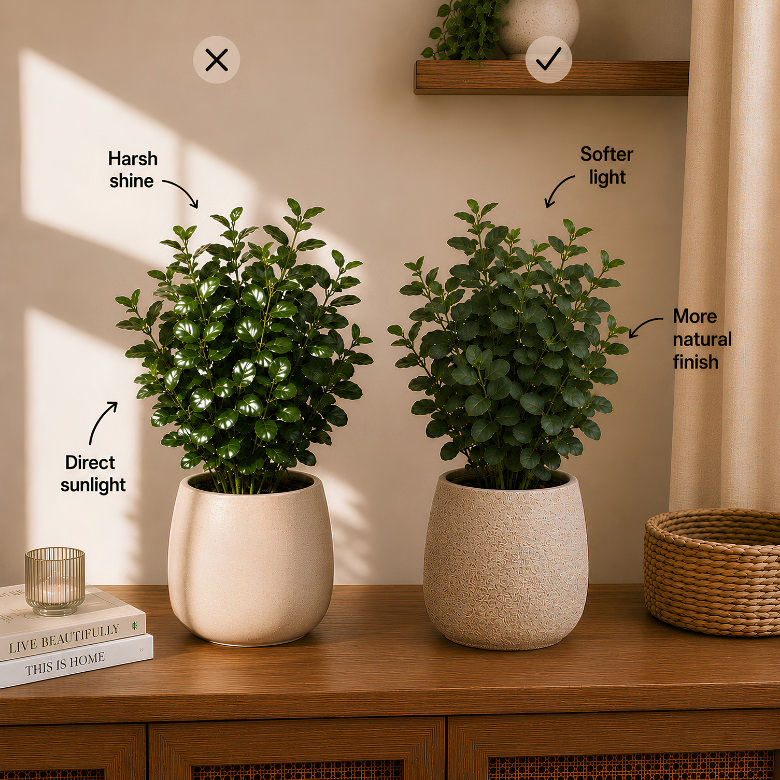 faux plant in direct sunlight vs softer light showing reduced shine for a more natural, realistic look