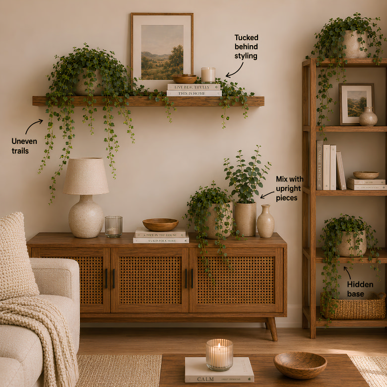 faux trailing plants styled on shelves with uneven draping, hidden bases and layered heights for a natural, realistic look