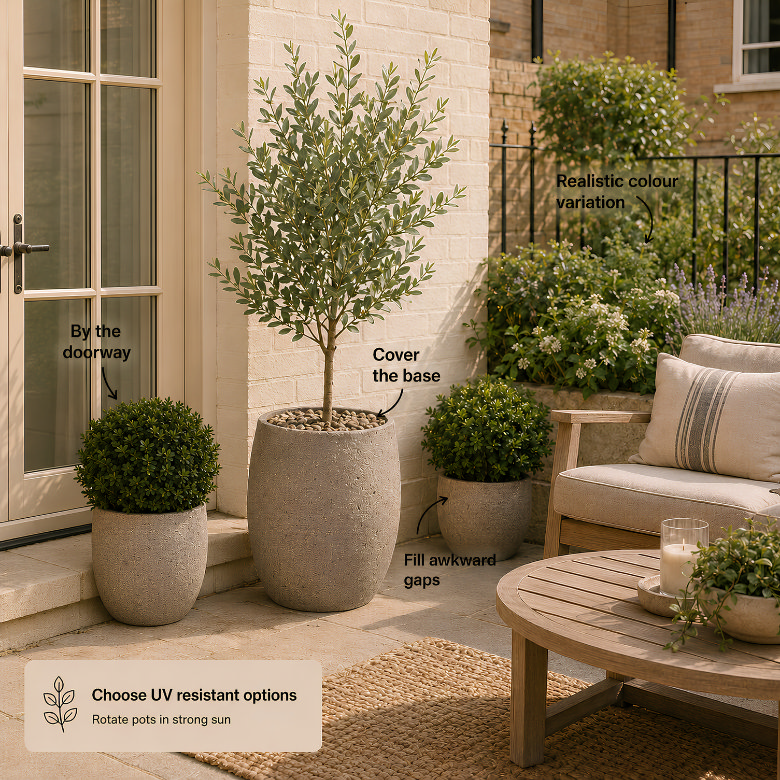outdoor faux plants in patio planters styled with covered bases and natural colour variation for a realistic garden look