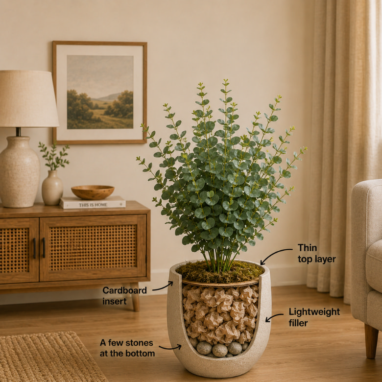 faux plant styled in large planter with lightweight filler, cardboard insert and moss top layer for a realistic look