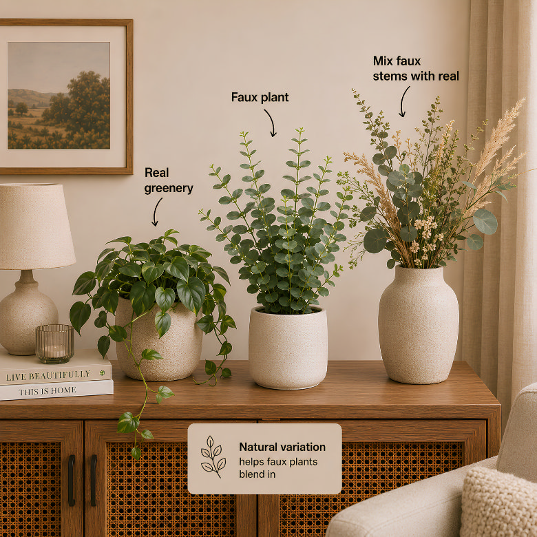 faux plant styled alongside real greenery and mixed stems to create a more natural, realistic display