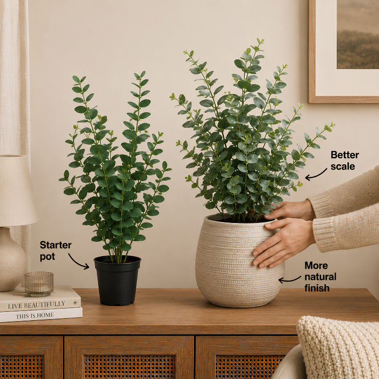real looking artificial plant styled in larger ceramic pot for improved scale and realistic finish