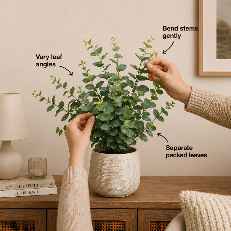 faux plant being shaped by hand by bending stems and adjusting leaves for a more natural, realistic look