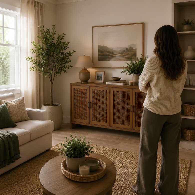 person stepping back to view styled faux plants in a warm living room to check overall shape and realism
