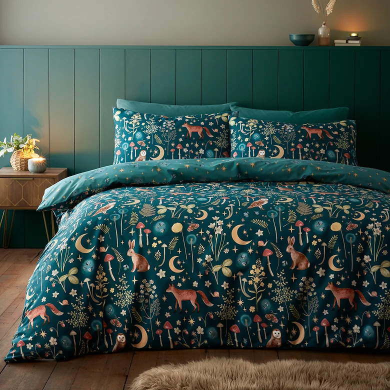 green patterned bedding with fox, mushroom and nature print duvet cover set