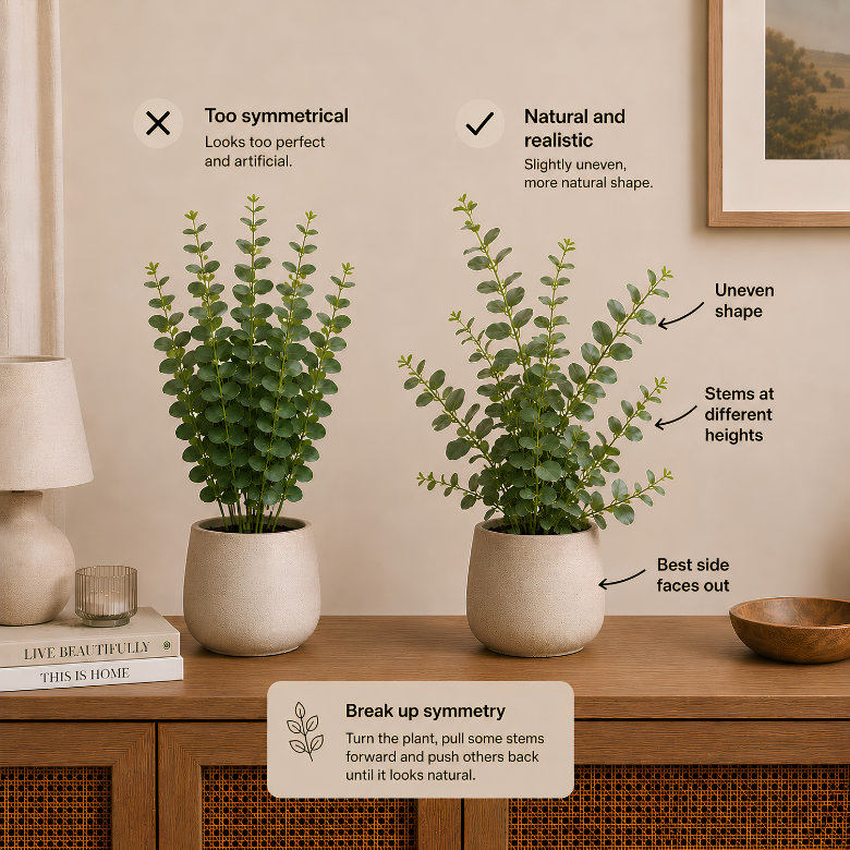 faux plant styled with uneven shape and varied stem heights to avoid symmetry and create a more natural, realistic look