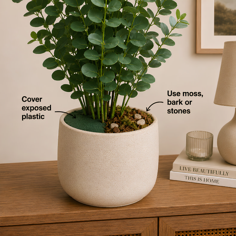 faux plant in ceramic planter with moss covering exposed base for a more realistic finish