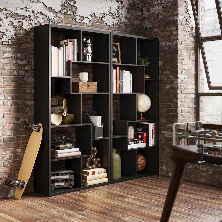 two black abstract bookcases side by side