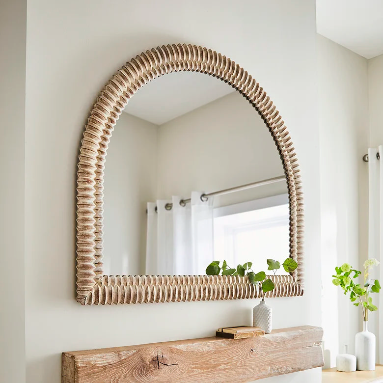 arched wooden hallway wall mirror with 3d frame