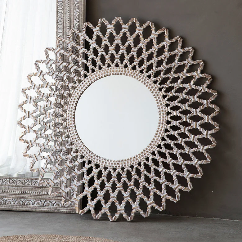 shiny metallic lattice framed hallway mirror