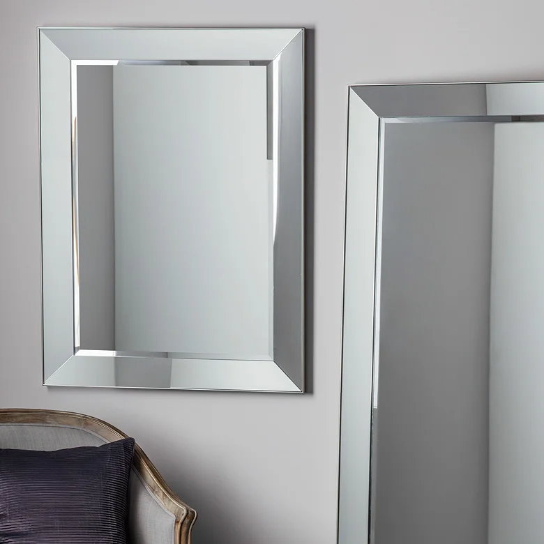 shiny metallic rectangular angled hallway wall mirror