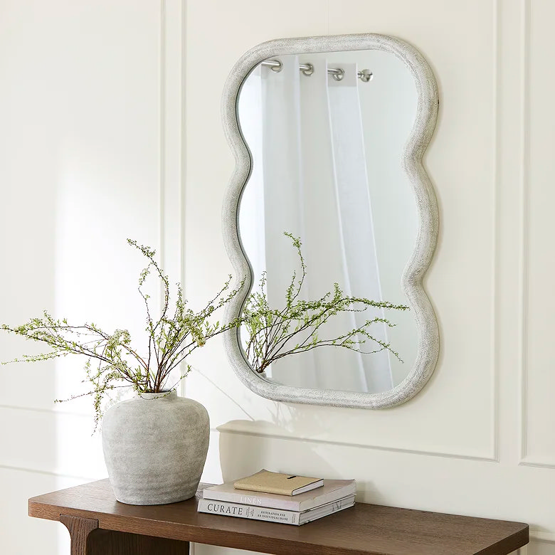 white wooden curved wavy hallway wall mounted mirror